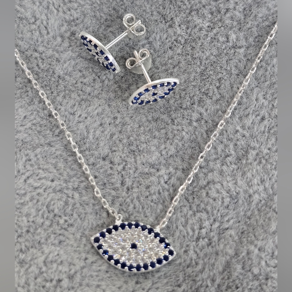 Evil Eye Necklace and Stud Earrings Set Blue & White CZ 925 Sterling Silver